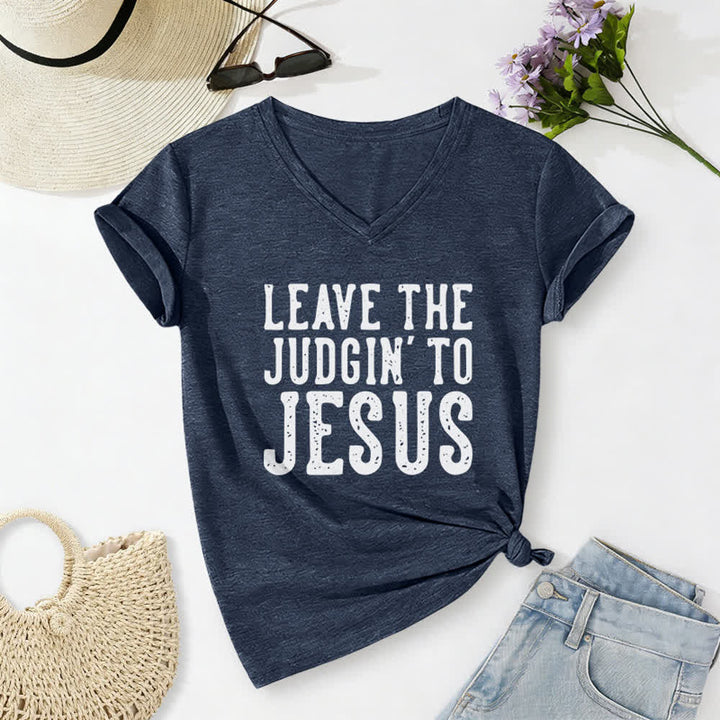 T-shirt à col en V imprimé « Laissez le jugement à Jésus » de Christianartworkshop - Bleu marine - 2XL - image 16