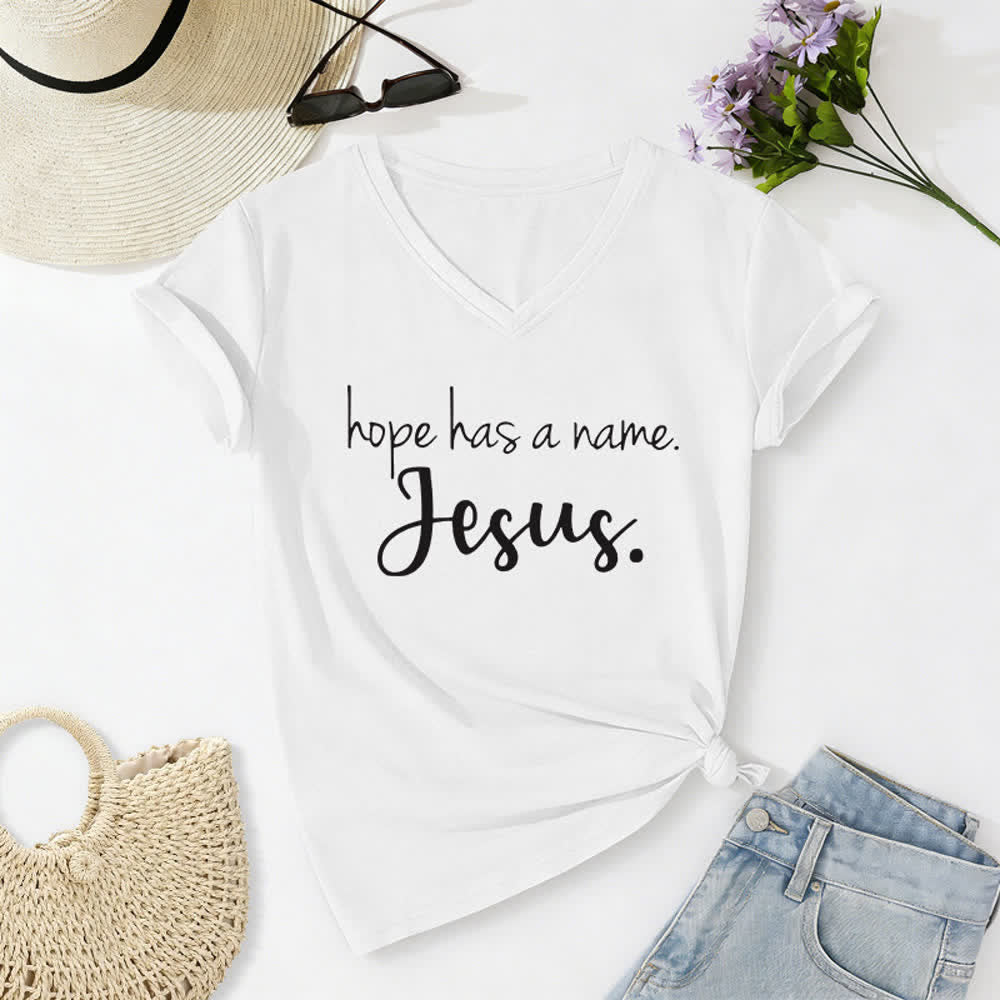 T-shirt à col en V imprimé « L'espoir a un nom » de Jésus , Christianartworkshop - Blanc - 2XL - image 4