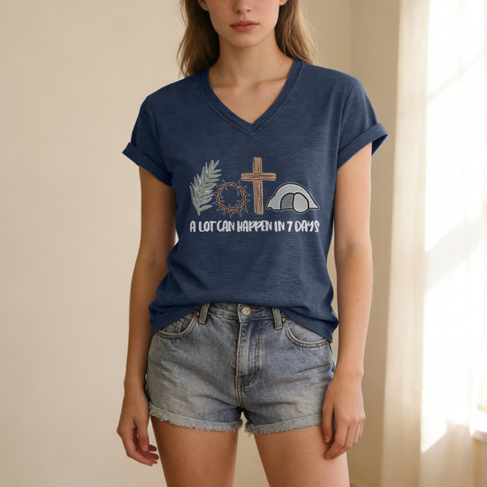 T-shirt à col en V imprimé « Christianartworkshop Easter Faith » : Beaucoup de choses peuvent se produire en 7 jours - image 17