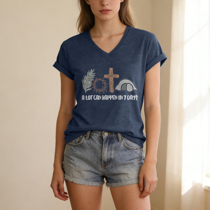 T-shirt à col en V imprimé « Christianartworkshop Easter Faith » : Beaucoup de choses peuvent se produire en 7 jours - image 17