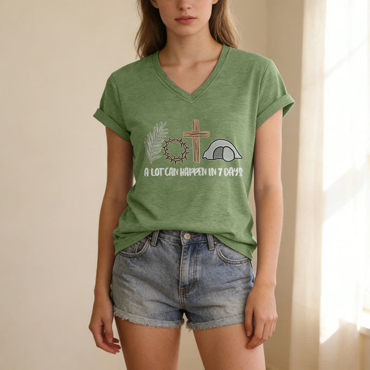 T-shirt à col en V imprimé « Christianartworkshop Easter Faith » : Beaucoup de choses peuvent se produire en 7 jours - image 11