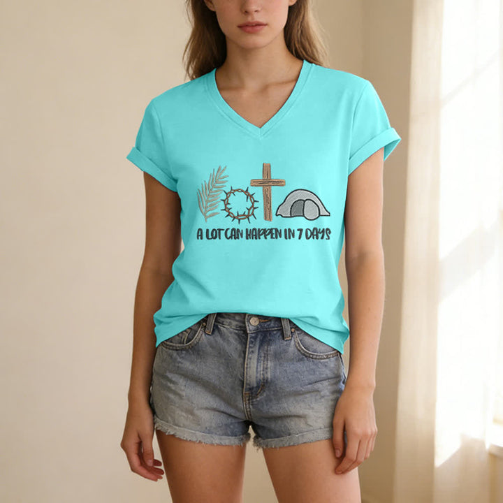 T-shirt à col en V imprimé « Christianartworkshop Easter Faith » : Beaucoup de choses peuvent se produire en 7 jours - image 15