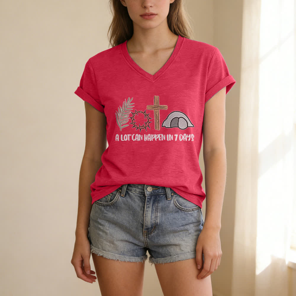 T-shirt à col en V imprimé « Christianartworkshop Easter Faith » : Beaucoup de choses peuvent se produire en 7 jours - image 21