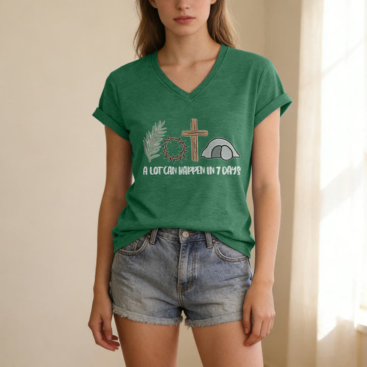 T-shirt à col en V imprimé « Christianartworkshop Easter Faith » : Beaucoup de choses peuvent se produire en 7 jours - image 13