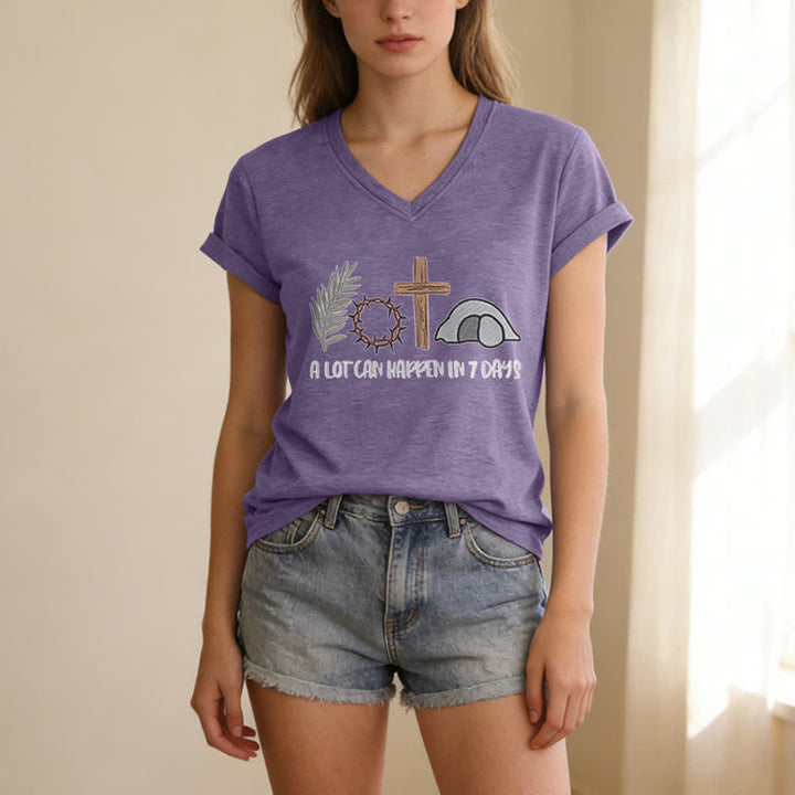 T-shirt à col en V imprimé « Christianartworkshop Easter Faith » : Beaucoup de choses peuvent se produire en 7 jours - image 25