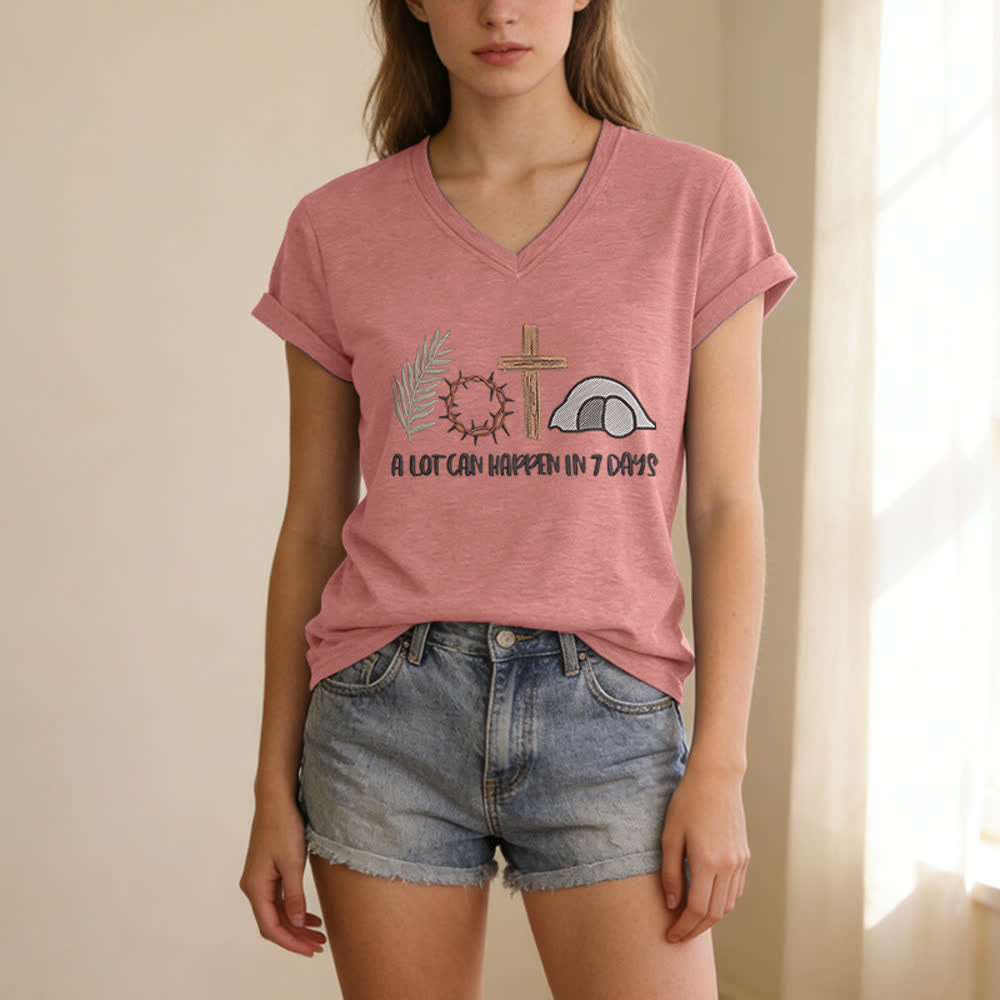 T-shirt à col en V imprimé « Christianartworkshop Easter Faith » : Beaucoup de choses peuvent se produire en 7 jours - image 19