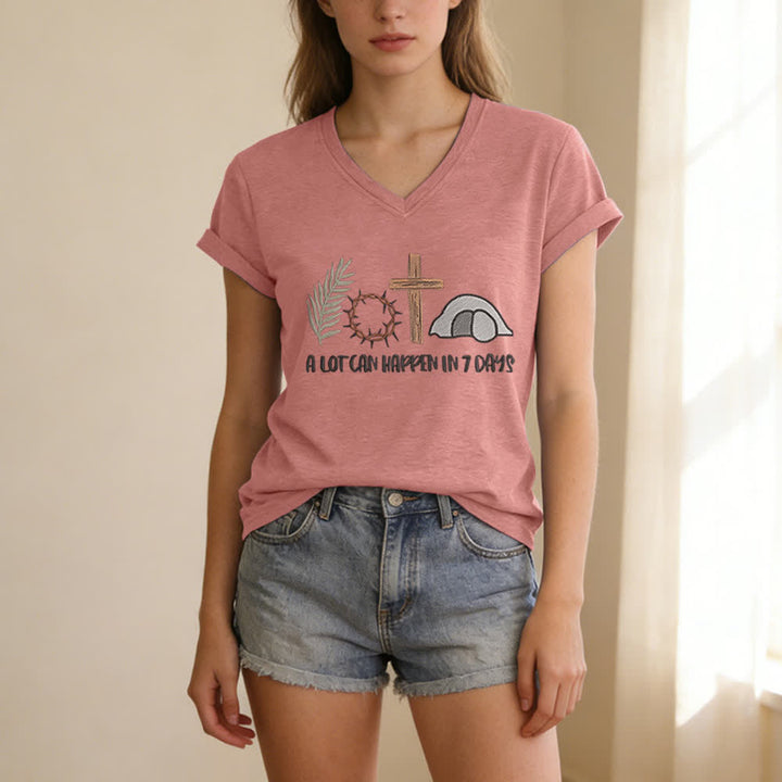 T-shirt à col en V imprimé « Christianartworkshop Easter Faith » : Beaucoup de choses peuvent se produire en 7 jours - image 19