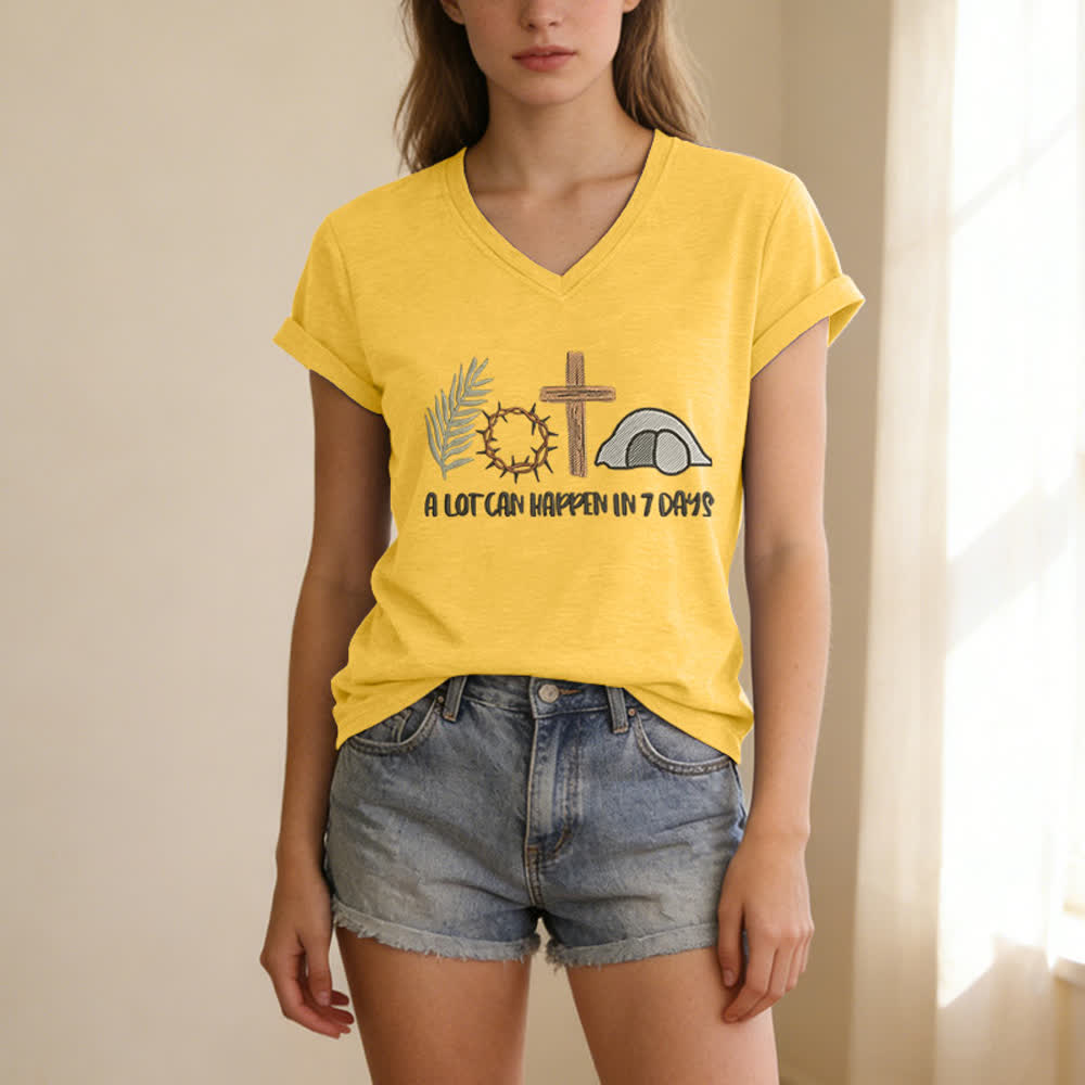 T-shirt à col en V imprimé « Christianartworkshop Easter Faith » : Beaucoup de choses peuvent se produire en 7 jours - image 9