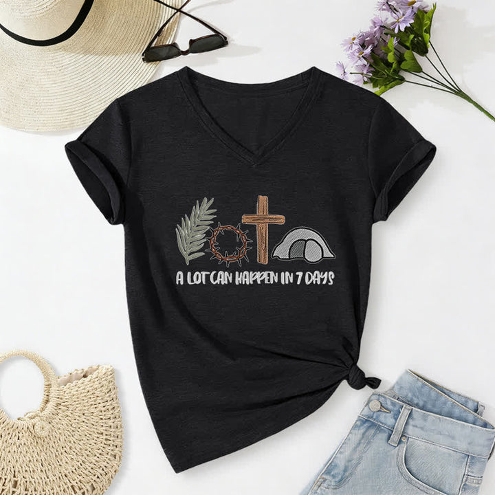 T-shirt à col en V imprimé « Christianartworkshop Easter Faith » : Beaucoup de choses peuvent se produire en 7 jours - Noir - 2XL - image 2