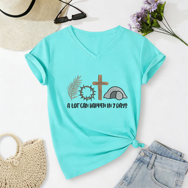 T-shirt à col en V imprimé « Christianartworkshop Easter Faith » : Beaucoup de choses peuvent se produire en 7 jours - Bleu ciel - 2XL - image 14