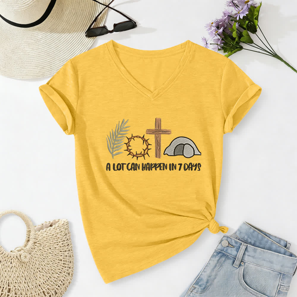 T-shirt à col en V imprimé « Christianartworkshop Easter Faith » : Beaucoup de choses peuvent se produire en 7 jours - Jaune - 2XL - image 8