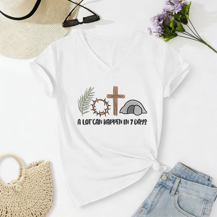 T-shirt à col en V imprimé « Christianartworkshop Easter Faith » : Beaucoup de choses peuvent se produire en 7 jours - Blanc - 2XL - image 0