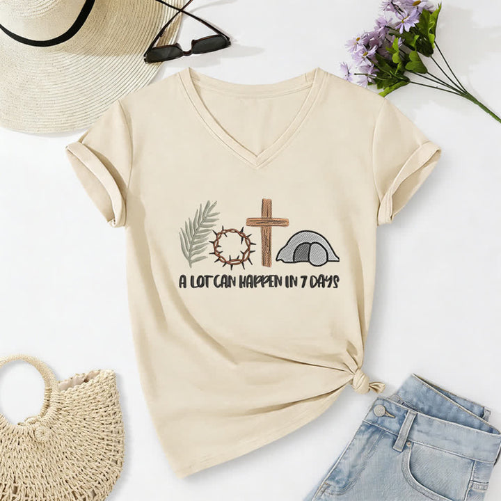T-shirt à col en V imprimé « Christianartworkshop Easter Faith » : Beaucoup de choses peuvent se produire en 7 jours - Beige - 2XL - image 6