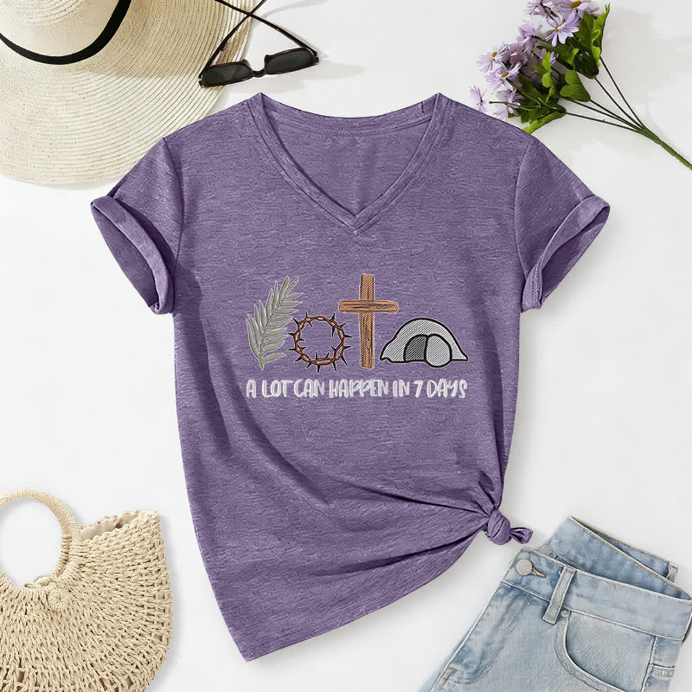 T-shirt à col en V imprimé « Christianartworkshop Easter Faith » : Beaucoup de choses peuvent se produire en 7 jours - Violet - 2XL - image 24