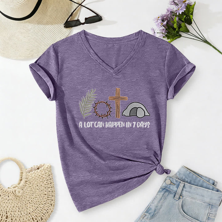 T-shirt à col en V imprimé « Christianartworkshop Easter Faith » : Beaucoup de choses peuvent se produire en 7 jours - Violet - 2XL - image 24