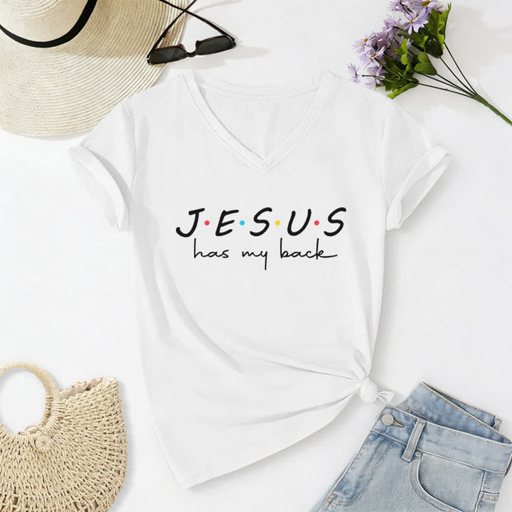 T-shirt à col en V imprimé « Jésus me soutient » pour femmes de Christianartworkshop - Blanc - 2XL - image 4