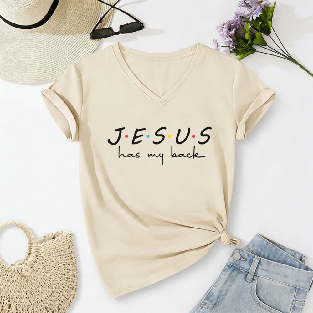 T-shirt à col en V imprimé « Jésus me soutient » pour femmes de Christianartworkshop - Beige - 2XL - image 8