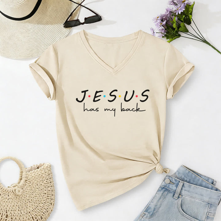 T-shirt à col en V imprimé « Jésus me soutient » pour femmes de Christianartworkshop - Beige - 2XL - image 8