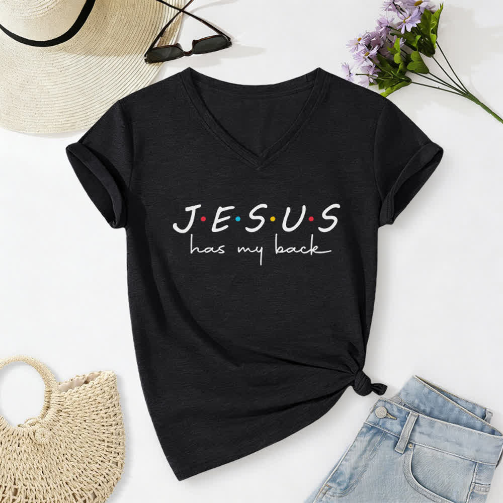 T-shirt à col en V imprimé « Jésus me soutient » pour femmes de Christianartworkshop - Noir - 2XL - image 2
