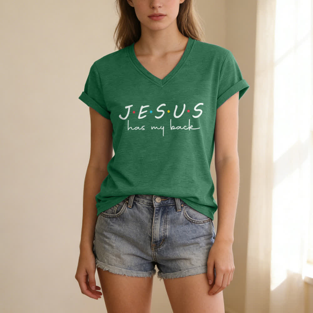 T-shirt à col en V imprimé « Jésus me soutient » pour femmes de Christianartworkshop - image 15