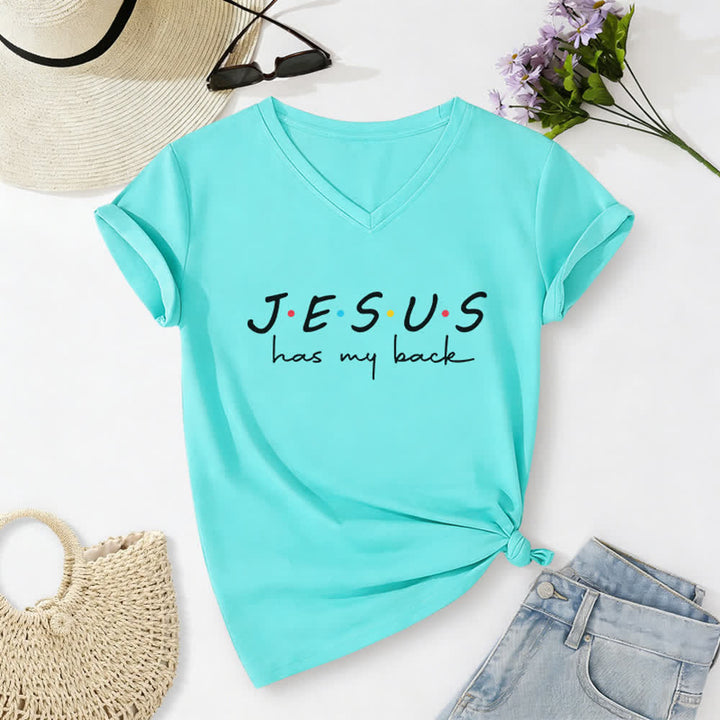 T-shirt à col en V imprimé « Jésus me soutient » pour femmes de Christianartworkshop - Bleu ciel - 2XL - image 16