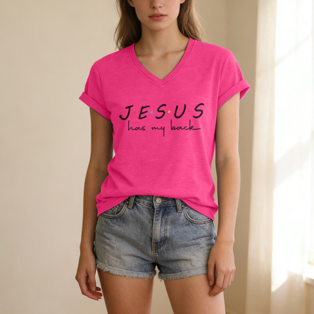 T-shirt à col en V imprimé « Jésus me soutient » pour femmes de Christianartworkshop - image 1
