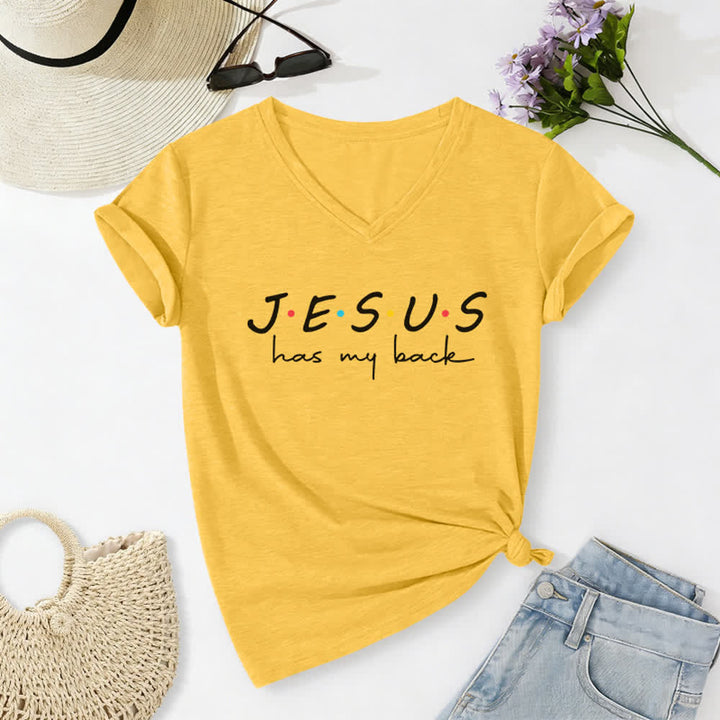 T-shirt à col en V imprimé « Jésus me soutient » pour femmes de Christianartworkshop - Jaune - 2XL - image 10
