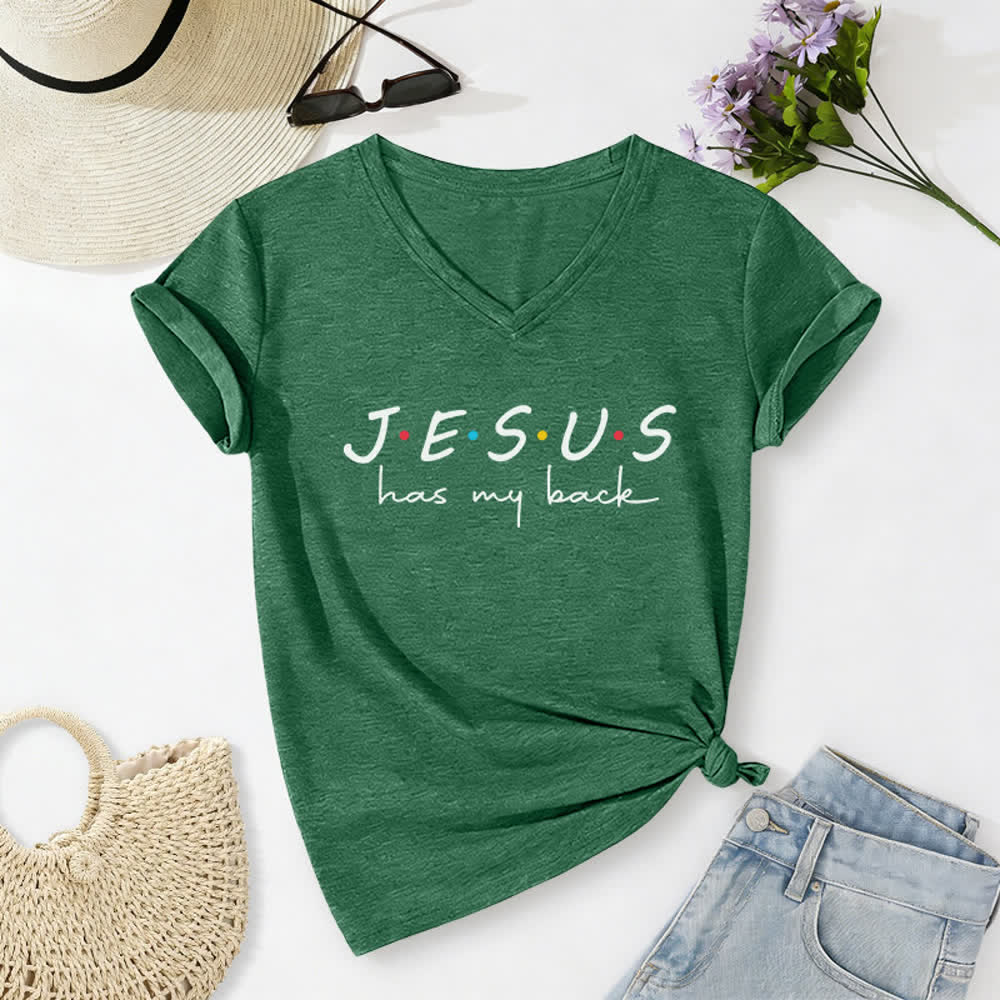 T-shirt à col en V imprimé « Jésus me soutient » pour femmes de Christianartworkshop - Vert foncé - 2XL - image 14