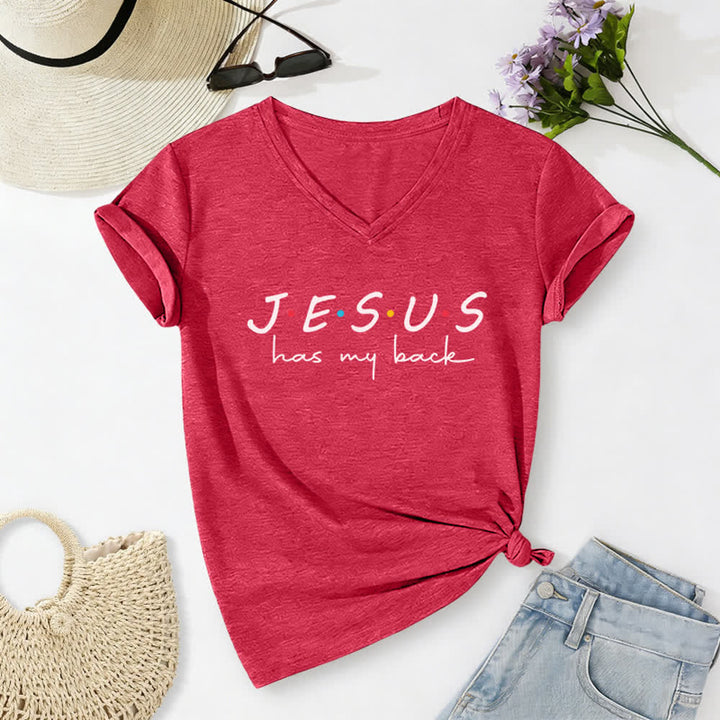 T-shirt à col en V imprimé « Jésus me soutient » pour femmes de Christianartworkshop - Rouge - 2XL - image 22