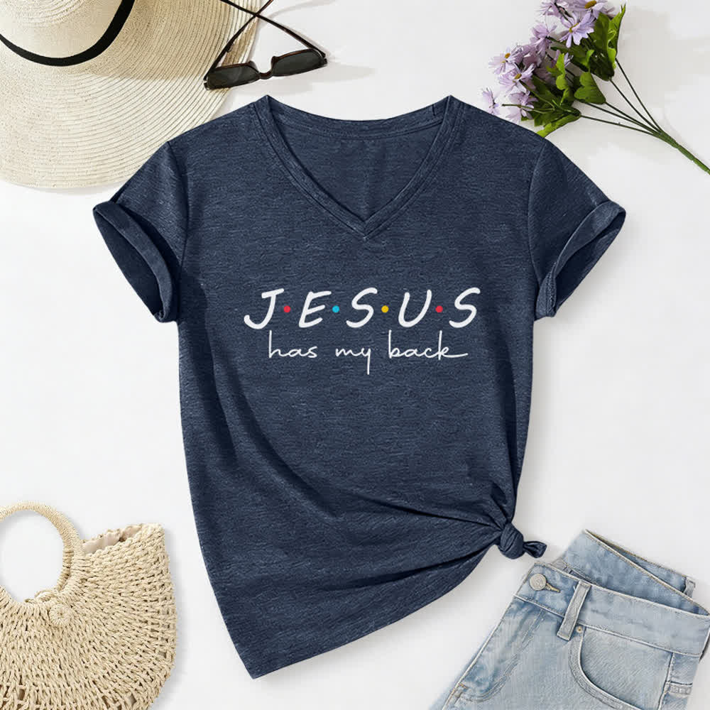 T-shirt à col en V imprimé « Jésus me soutient » pour femmes de Christianartworkshop - Bleu marine - 2XL - image 18