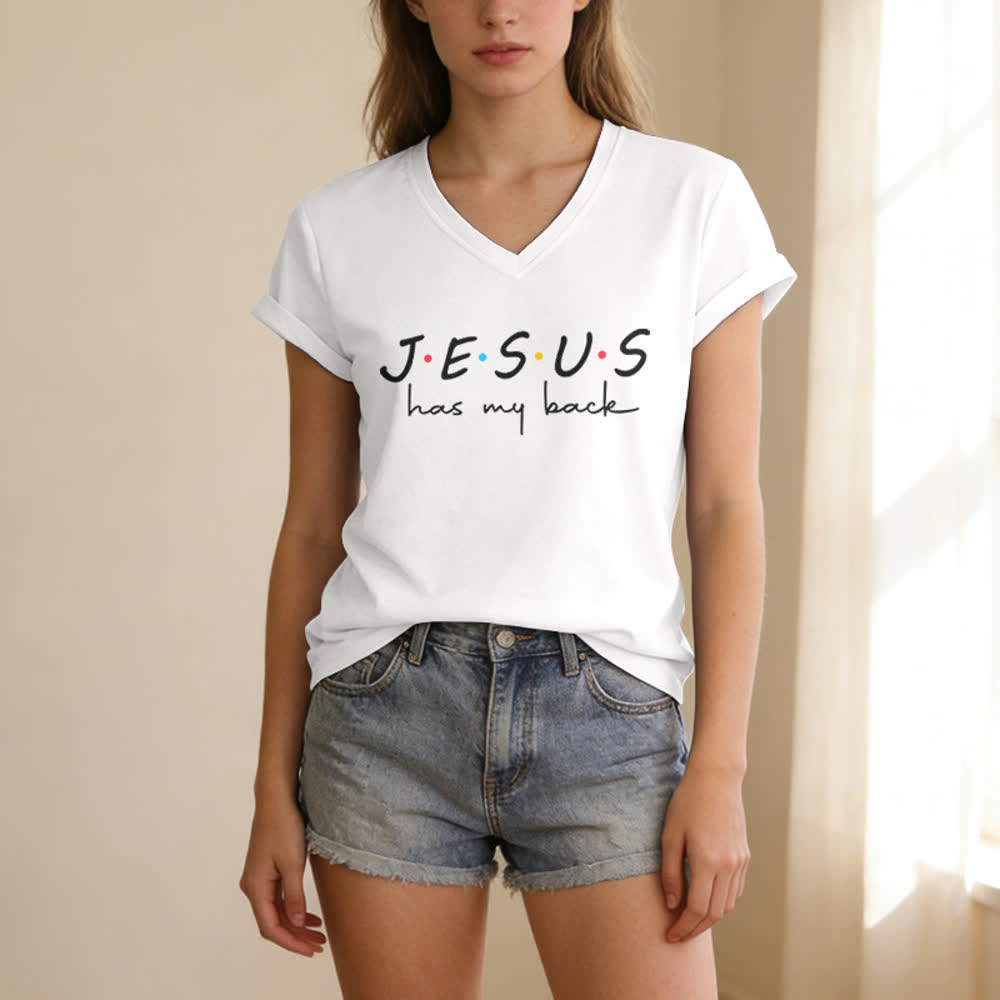 T-shirt à col en V imprimé « Jésus me soutient » pour femmes de Christianartworkshop - image 5