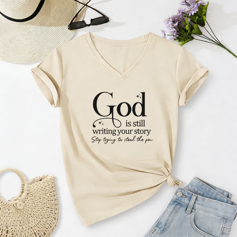 T-shirt à col en V imprimé « Dieu écrit encore votre histoire » de Christianartworkshop pour femmes - Beige - 2XL - image 8