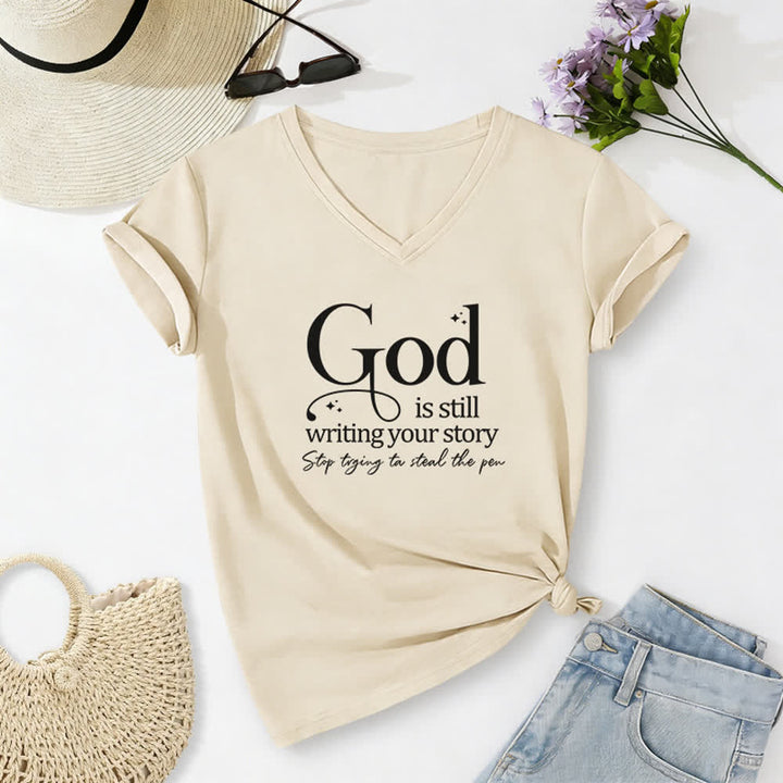 T-shirt à col en V imprimé « Dieu écrit encore votre histoire » de Christianartworkshop pour femmes - Beige - 2XL - image 8