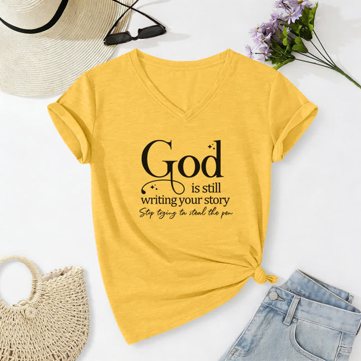 T-shirt à col en V imprimé « Dieu écrit encore votre histoire » de Christianartworkshop pour femmes - Jaune - 2XL - image 10