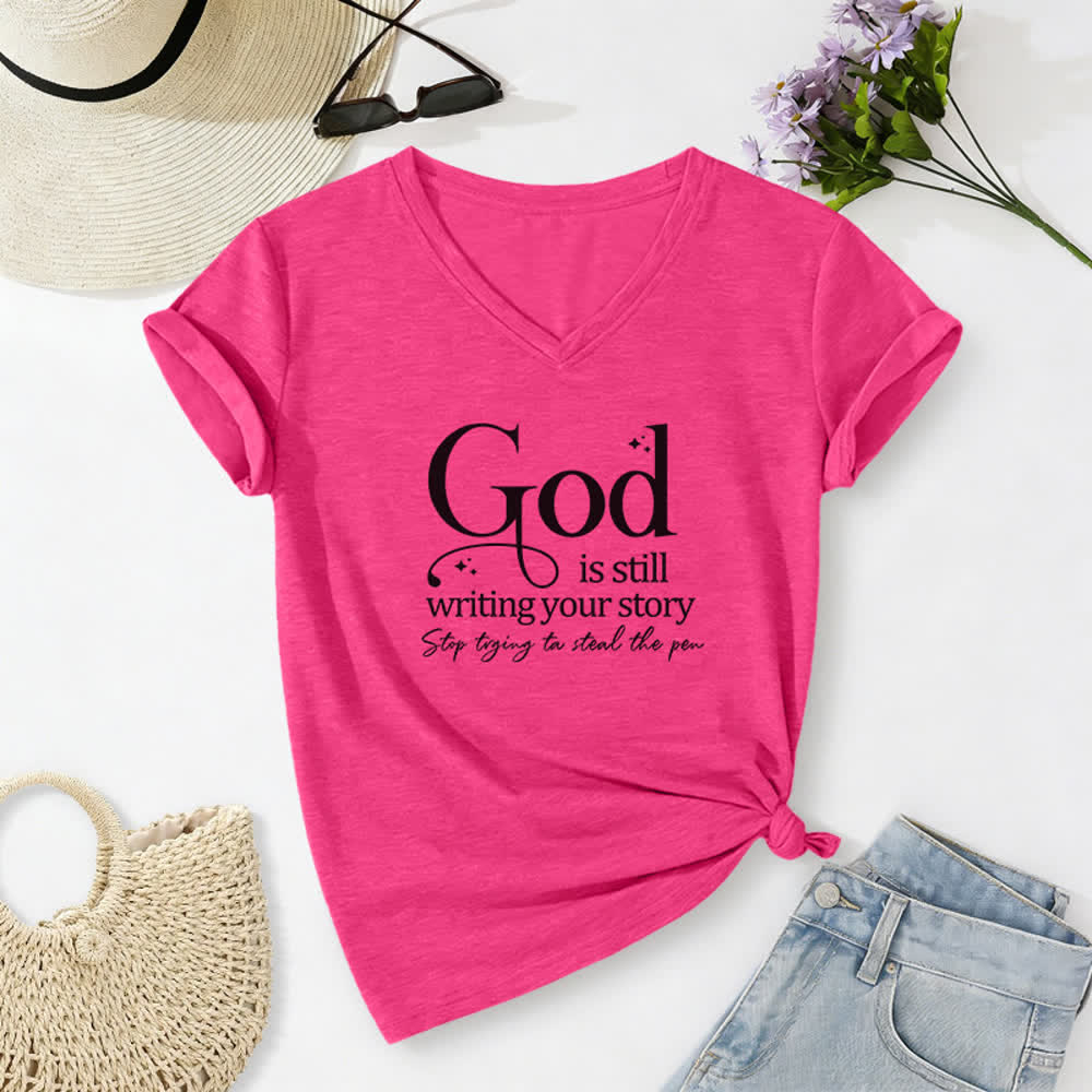 T-shirt à col en V imprimé « Dieu écrit encore votre histoire » de Christianartworkshop pour femmes - Rose - 2XL - image 24