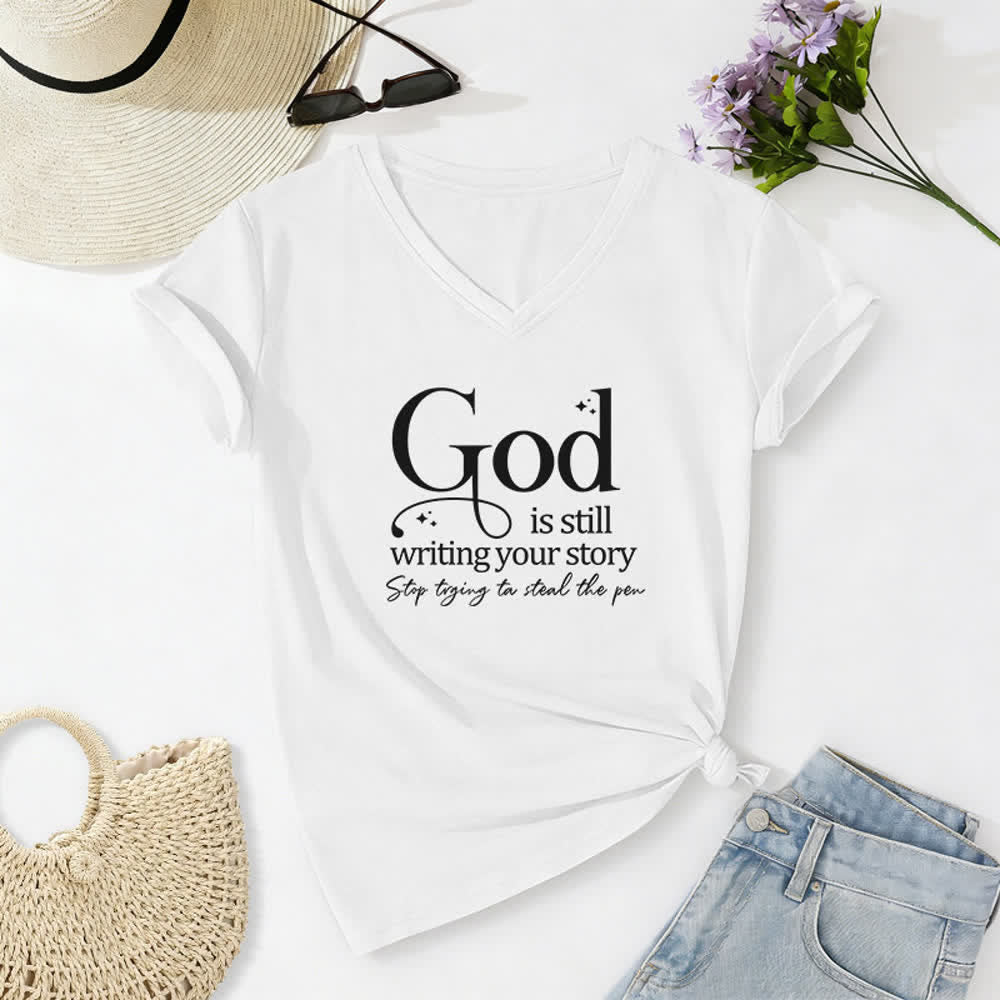 T-shirt à col en V imprimé « Dieu écrit encore votre histoire » de Christianartworkshop pour femmes - Blanc - 2XL - image 4