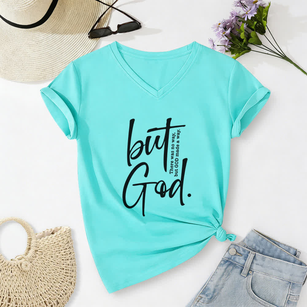T-shirt à col en V Christianartworkshop pour femmes, imprimé d'un verset biblique « Mais Dieu ». - Bleu ciel - 2XL - image 14
