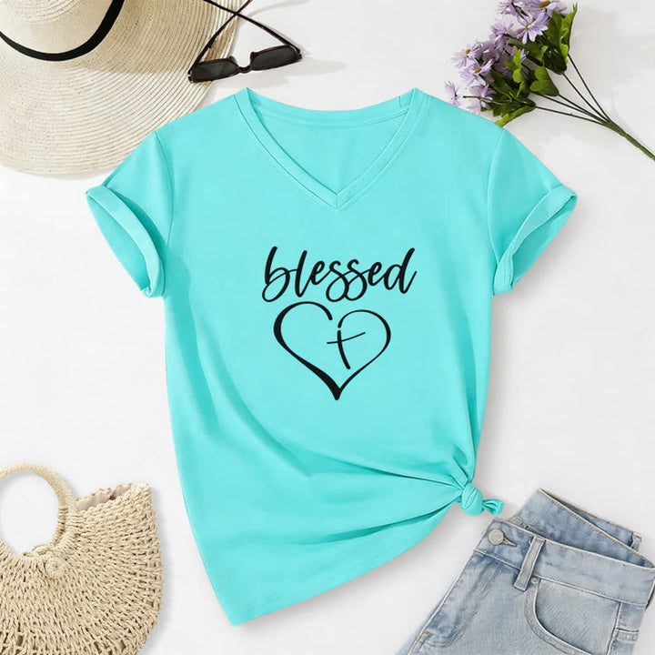 T-shirt à col en V Christianartworkshop pour femmes, imprimé Croix d'amour bénie « Jésus me protège » - Bleu ciel - 2XL - image 14