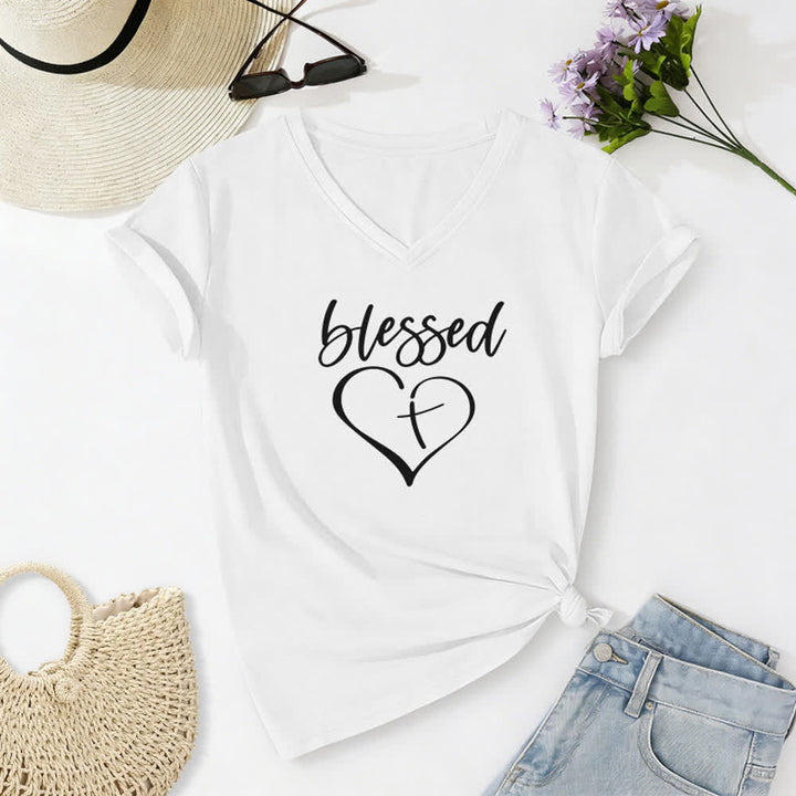 T-shirt à col en V Christianartworkshop pour femmes, imprimé Croix d'amour bénie « Jésus me protège » - Blanc - 2XL - image 4