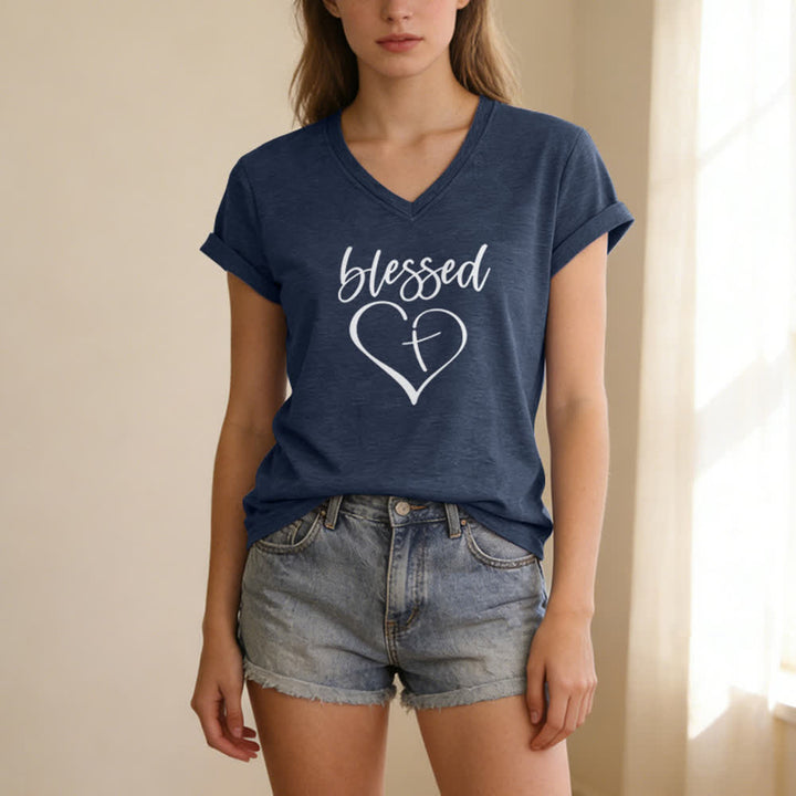 T-shirt à col en V Christianartworkshop pour femmes, imprimé Croix d'amour bénie « Jésus me protège » - image 17