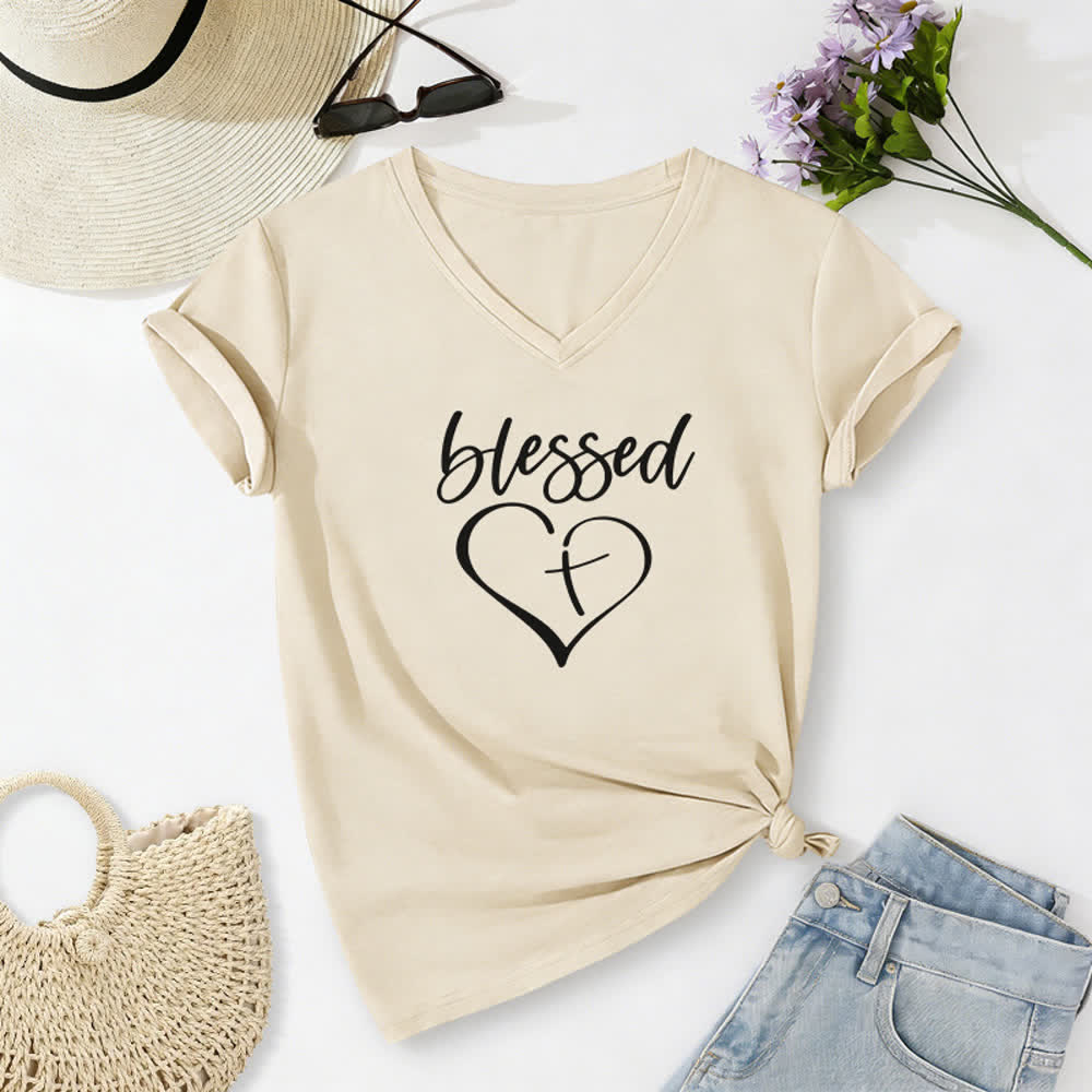 T-shirt à col en V Christianartworkshop pour femmes, imprimé Croix d'amour bénie « Jésus me protège » - Beige - 2XL - image 0