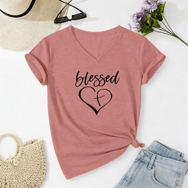 T-shirt à col en V Christianartworkshop pour femmes, imprimé Croix d'amour bénie « Jésus me protège » - Rose clair - 2XL - image 18