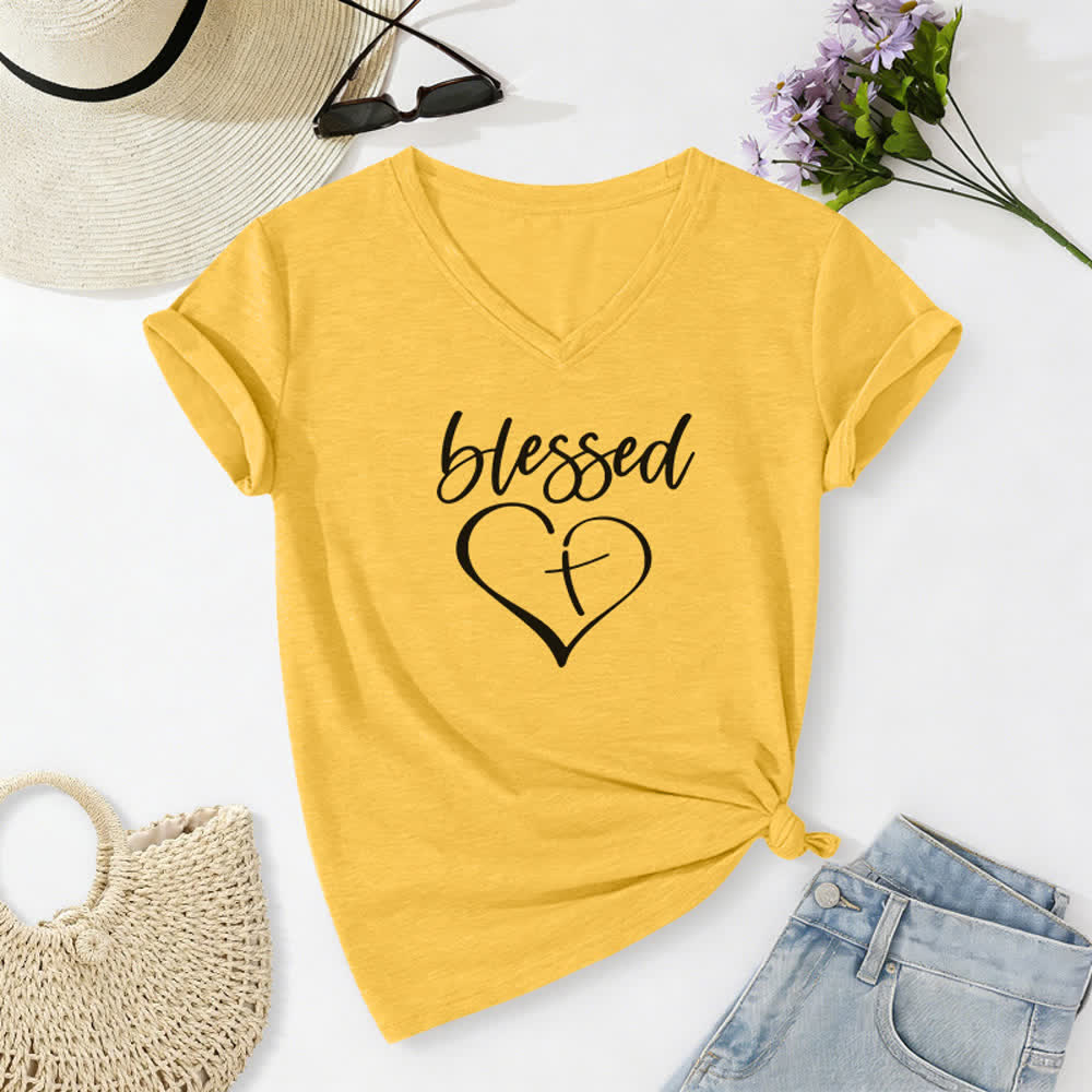 T-shirt à col en V Christianartworkshop pour femmes, imprimé Croix d'amour bénie « Jésus me protège » - Jaune - 2XL - image 8