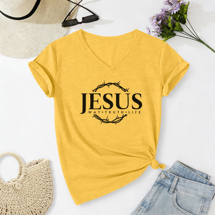 T-shirt à col en V imprimé Jésus pour femme de Christianartworkshop - Jaune - 2XL - image 8