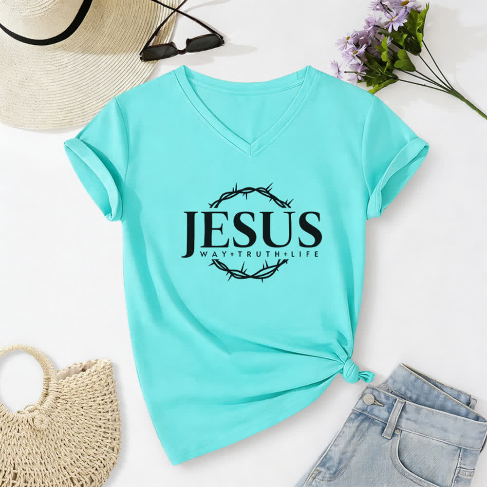 T-shirt à col en V imprimé Jésus pour femme de Christianartworkshop - Bleu ciel - 2XL - image 14
