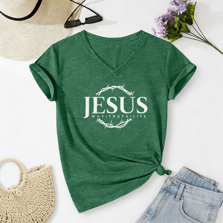 T-shirt à col en V imprimé Jésus pour femme de Christianartworkshop - Vert foncé - 2XL - image 12