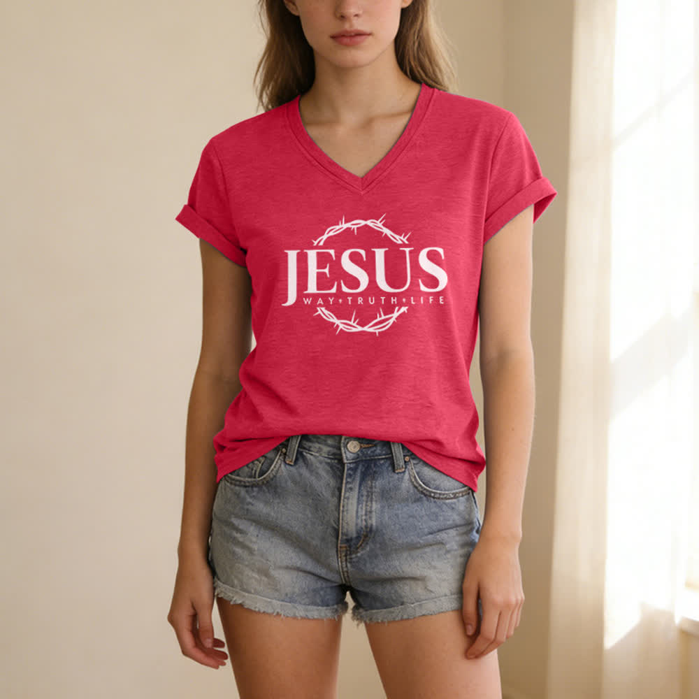 T-shirt à col en V imprimé Jésus pour femme de Christianartworkshop - image 21