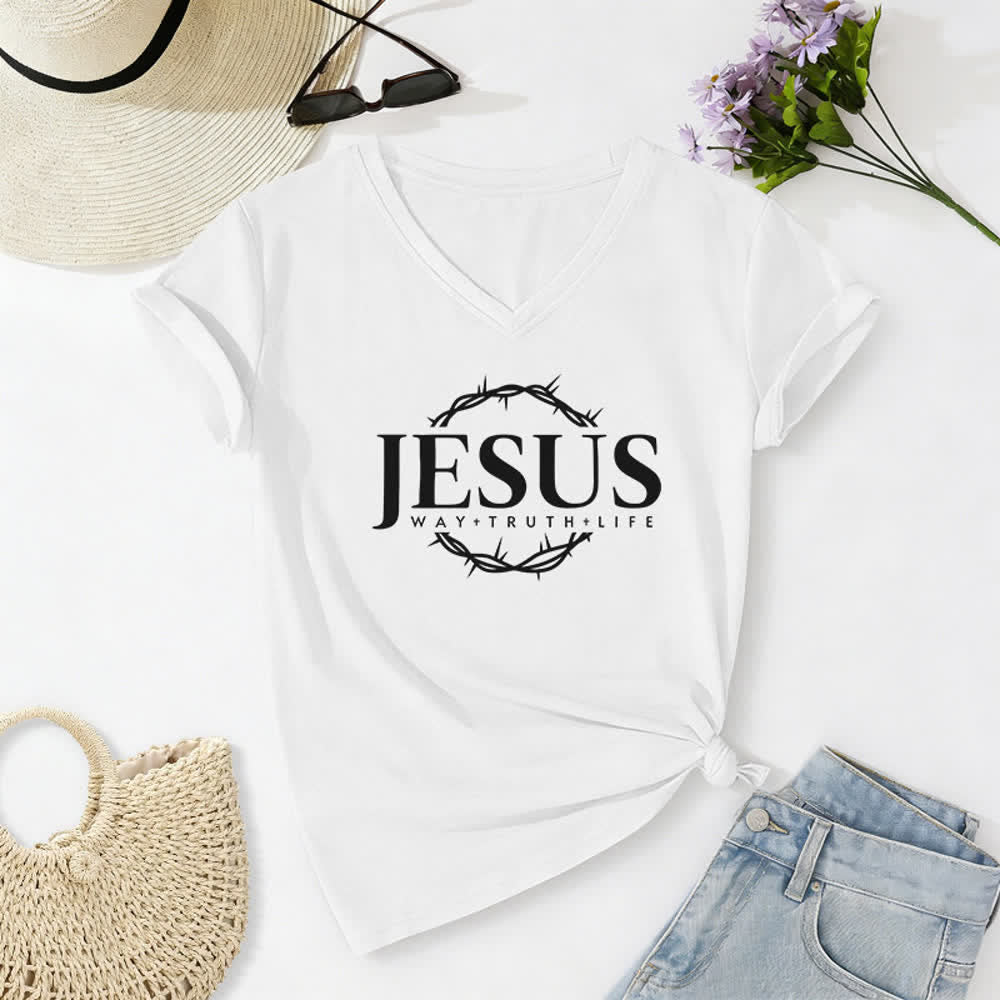 T-shirt à col en V imprimé Jésus pour femme de Christianartworkshop - Blanc - 2XL - image 2