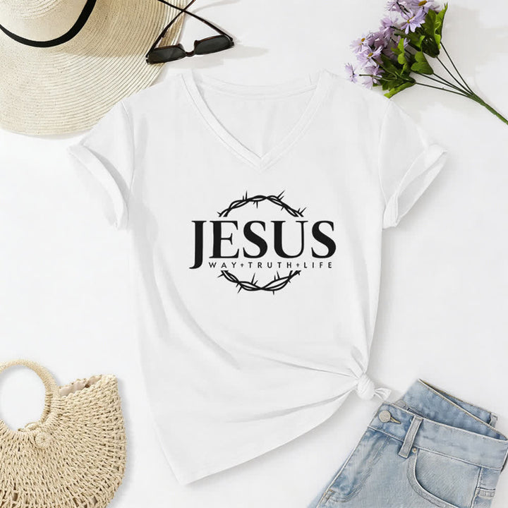 T-shirt à col en V imprimé Jésus pour femme de Christianartworkshop - Blanc - 2XL - image 2