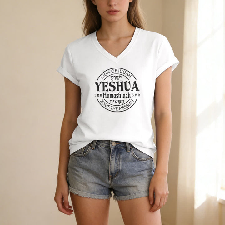 T-shirt décontracté à col en V imprimé Lion de Juda Yeshua pour femme de Christianartworkshop - image 5
